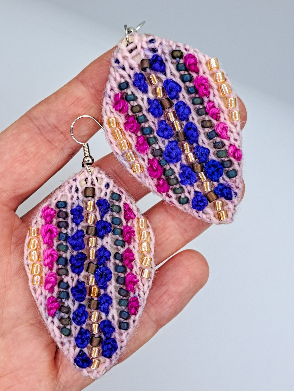 Handknitted Pink Purple Leaf Earrings With Stitches And Glass/Wooden Beads